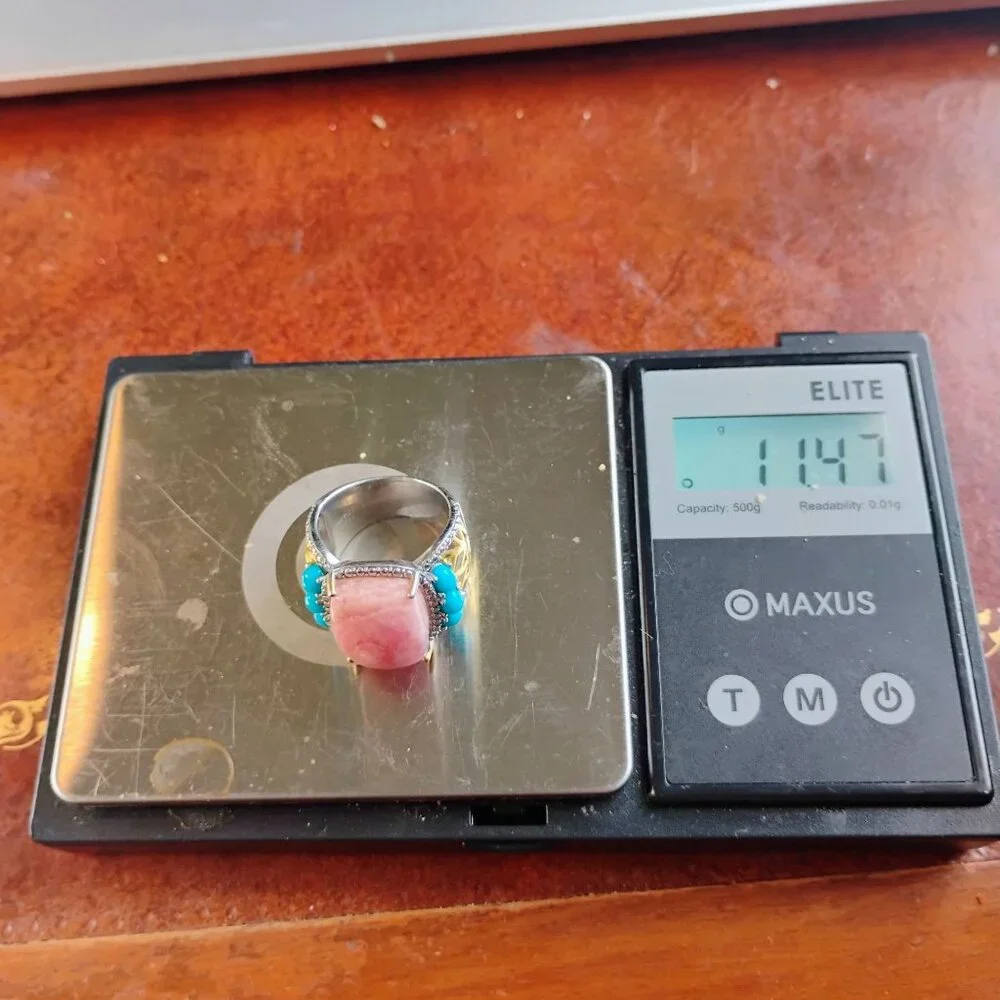 KRH India 925 Sterling Silver Pink Rhodochrosite & Turquoise Ring Size 6 - Picture 8 of 8